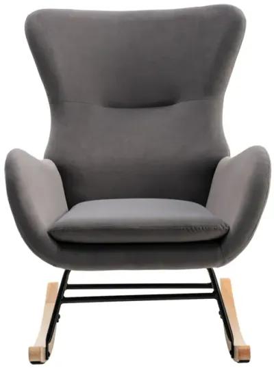 Velvet Fabric Padded Seat Rocking Chair With High Backrest And Armrests