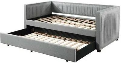 Classic Wood Daybed with Trundle, Upholstered, Pleated Design, Gray Fabric-Benzara