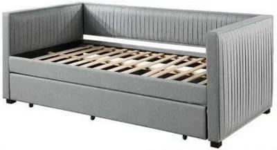 Classic Wood Daybed with Trundle, Upholstered, Pleated Design, Gray Fabric-Benzara