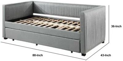 Classic Wood Daybed with Trundle, Upholstered, Pleated Design, Gray Fabric-Benzara