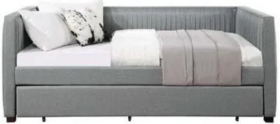 Classic Wood Daybed with Trundle, Upholstered, Pleated Design, Gray Fabric-Benzara