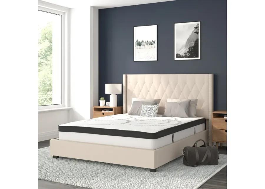 Riverdale Queen Size Tufted Upholstered Platform Bed in Beige Fabric with 10 Inch CertiPUR-US Certified Pocket Spring Mattress