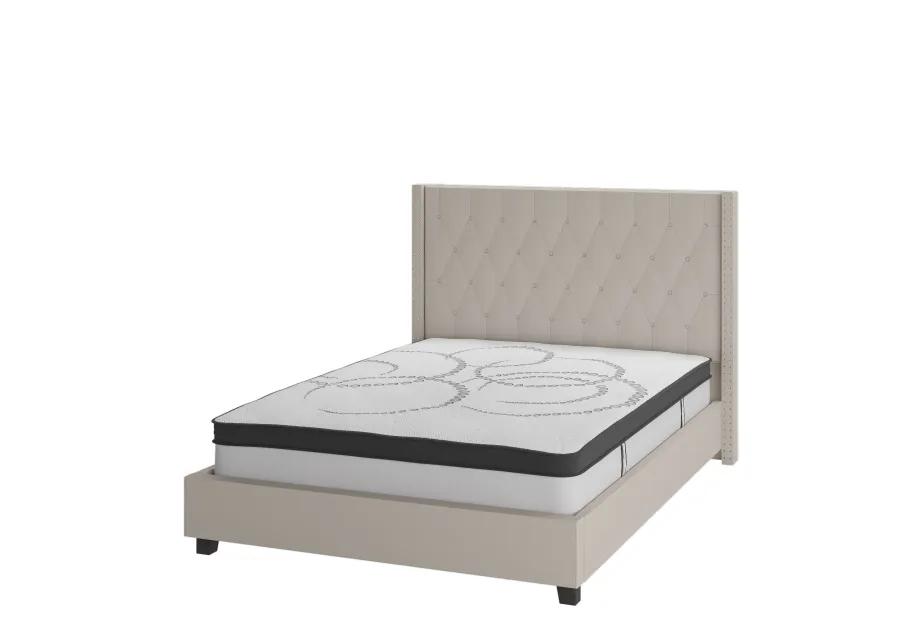 Riverdale Queen Size Tufted Upholstered Platform Bed in Beige Fabric with 10 Inch CertiPUR-US Certified Pocket Spring Mattress