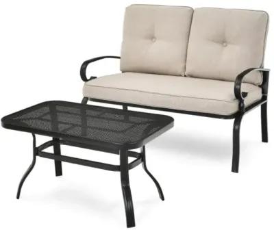 Hivvago 2 Pieces Patio Loveseat Bench Table Furniture Set with Cushioned Chair