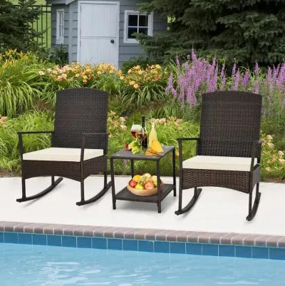 3 Piece Patio Rocking Set Wicker Rocking Chairs with 2-Tier Coffee Table