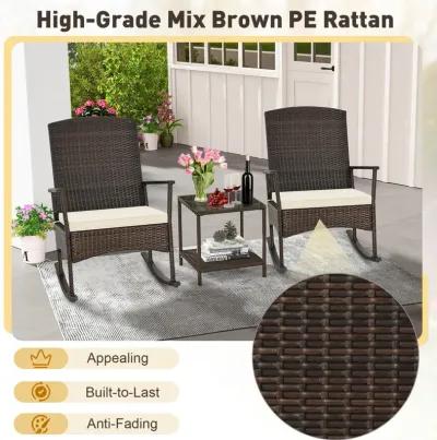 3 Piece Patio Rocking Set Wicker Rocking Chairs with 2-Tier Coffee Table