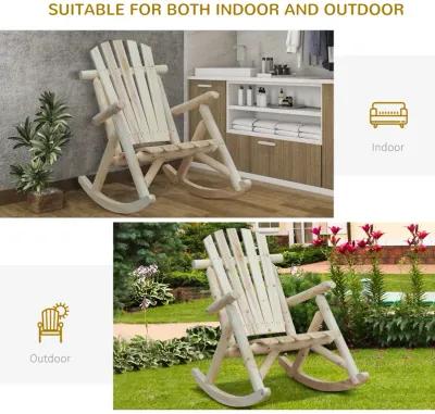 Outsunny Outdoor Wooden Rocking Chair, Single-person Adirondack Rocking Patio Chair with Rustic High Back, Slatted Seat and Backrest for Indoor, Backyard, Garden, Natural