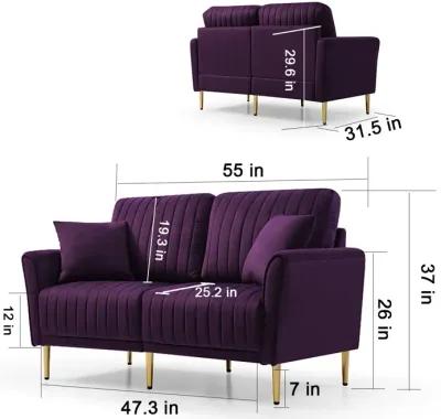 Eggplant Velvet Round Arm Loveseat 2 Seat Sofa With 2 Throw Pillows