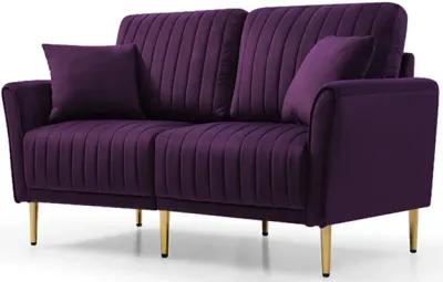 Eggplant Velvet Round Arm Loveseat 2 Seat Sofa With 2 Throw Pillows