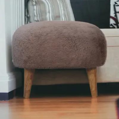 Mocha Faux Fur Upholstered Solid Wood Square Stool