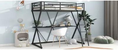 Twin Size Loft Bed With Desk, Ladder And Full-Length Guardrails, X-Shaped Frame