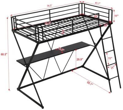 Twin Size Loft Bed With Desk, Ladder And Full-Length Guardrails, X-Shaped Frame