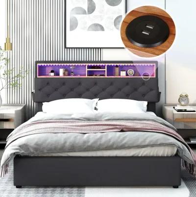 Queen Size Upholstered Platform Bed With Storage Headboard, Led, USB Charging And 2 Drawers