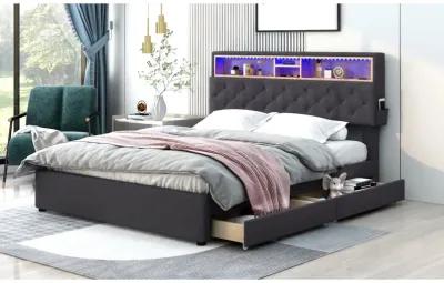 Queen Size Upholstered Platform Bed With Storage Headboard, Led, USB Charging And 2 Drawers