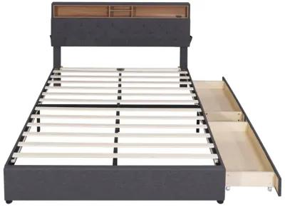 Queen Size Upholstered Platform Bed With Storage Headboard, Led, USB Charging And 2 Drawers