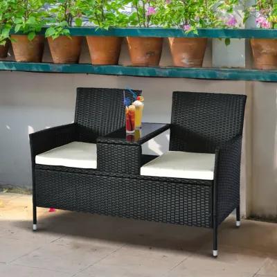 Outsunny Outdoor Patio Loveseat Conversation Furniture Set, Cushions & Built-in Coffee Table, Small 2-in-1 2 Person Seating for Front Porch, Balcony, Black