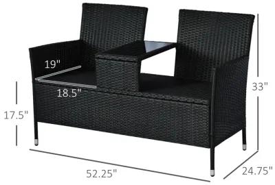 Outsunny Outdoor Patio Loveseat Conversation Furniture Set, Cushions & Built-in Coffee Table, Small 2-in-1 2 Person Seating for Front Porch, Balcony, Black