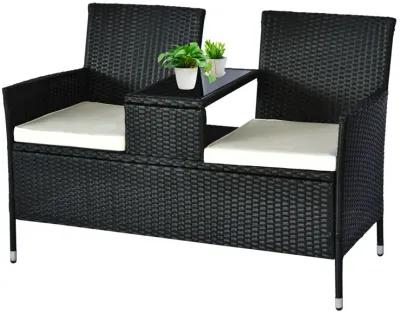 Outsunny Outdoor Patio Loveseat Conversation Furniture Set, Cushions & Built-in Coffee Table, Small 2-in-1 2 Person Seating for Front Porch, Balcony, Black