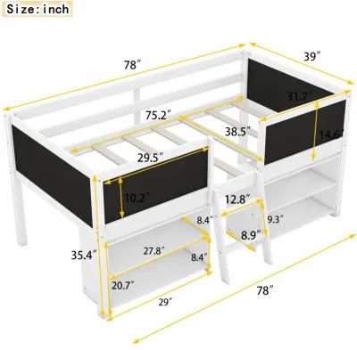 Loft bed with shelves, ladder, guardrail chalkboard