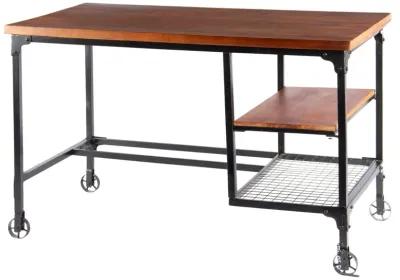 Industrial Style Wood and Metal Desk with Two Bottom Shelves, Brown and Black-Benzara