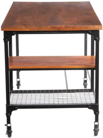 Industrial Style Wood and Metal Desk with Two Bottom Shelves, Brown and Black-Benzara