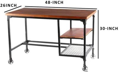 Industrial Style Wood and Metal Desk with Two Bottom Shelves, Brown and Black-Benzara