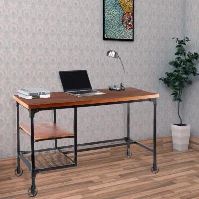 Industrial Style Wood and Metal Desk with Two Bottom Shelves, Brown and Black-Benzara