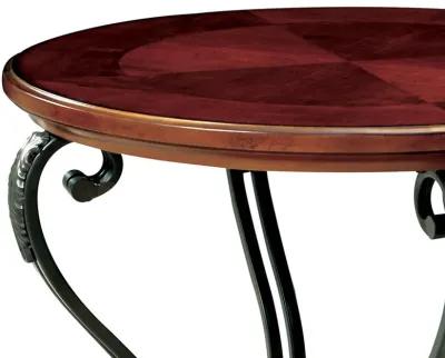 Round Wood and Metal End Table with Scroll Details, Brown-Benzara