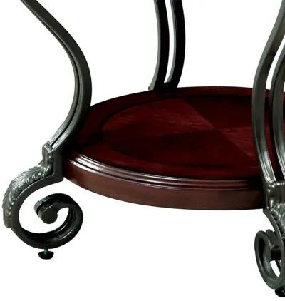 Round Wood and Metal End Table with Scroll Details, Brown-Benzara