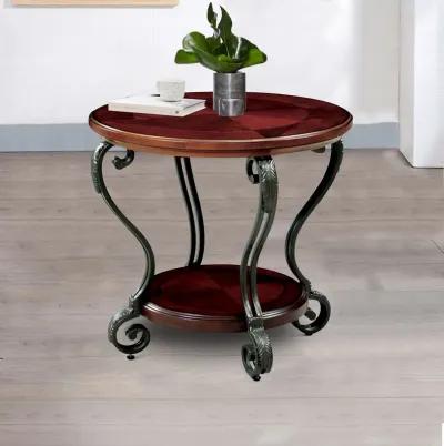 Round Wood and Metal End Table with Scroll Details, Brown-Benzara