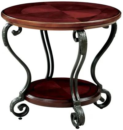 Round Wood and Metal End Table with Scroll Details, Brown-Benzara