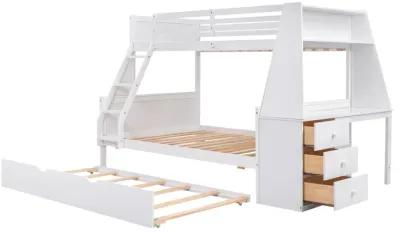 Twin Over Full Bunk Bed With Trundle And Built-In Desk, Three Storage Drawers And Shelf