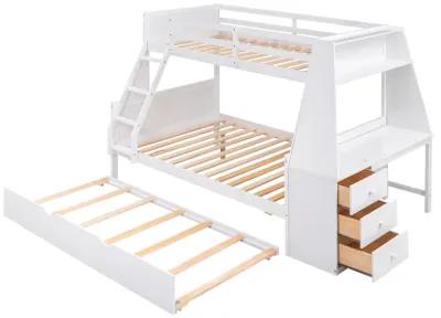 Twin Over Full Bunk Bed With Trundle And Built-In Desk, Three Storage Drawers And Shelf