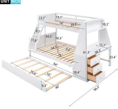 Twin Over Full Bunk Bed With Trundle And Built-In Desk, Three Storage Drawers And Shelf