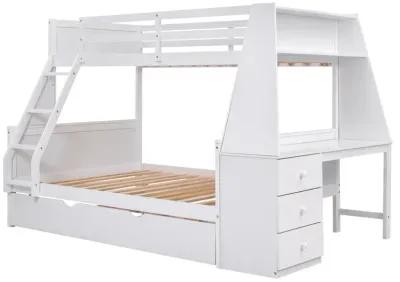 Twin Over Full Bunk Bed With Trundle And Built-In Desk, Three Storage Drawers And Shelf