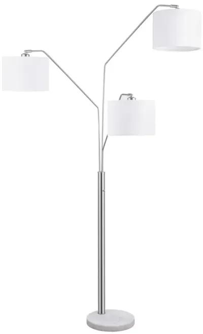 84 Inch Modern Floor Lamp, Three Drum Shades, Marble Base, White, Silver-Benzara