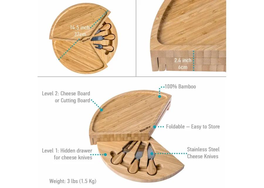 Bamboo Cheese Board and Knife Set - 14 Inch Swiveling Charcuterie Board with Slide-Out Drawer - Cheese Serving Platter, Round Serving Tray