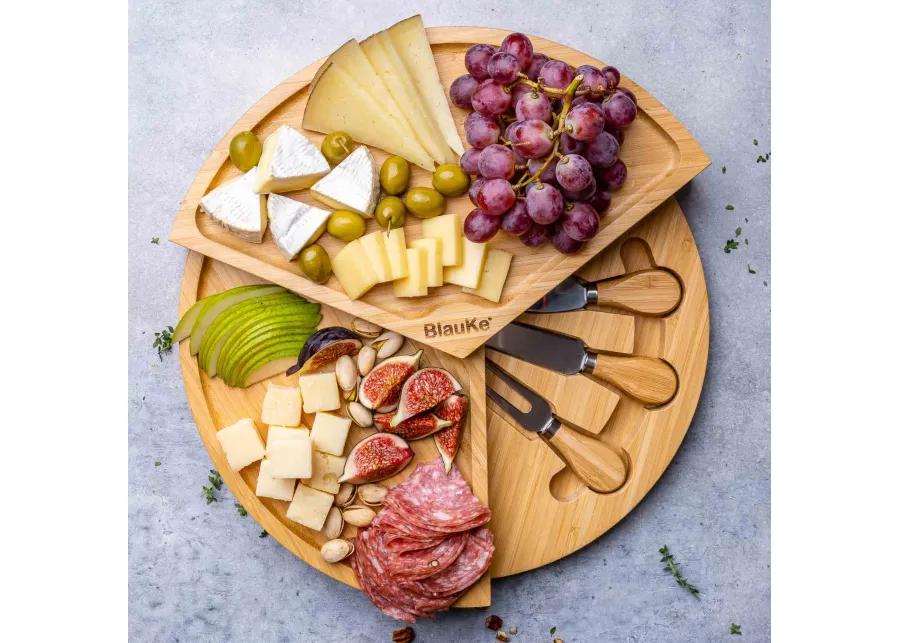 Bamboo Cheese Board and Knife Set - 14 Inch Swiveling Charcuterie Board with Slide-Out Drawer - Cheese Serving Platter, Round Serving Tray