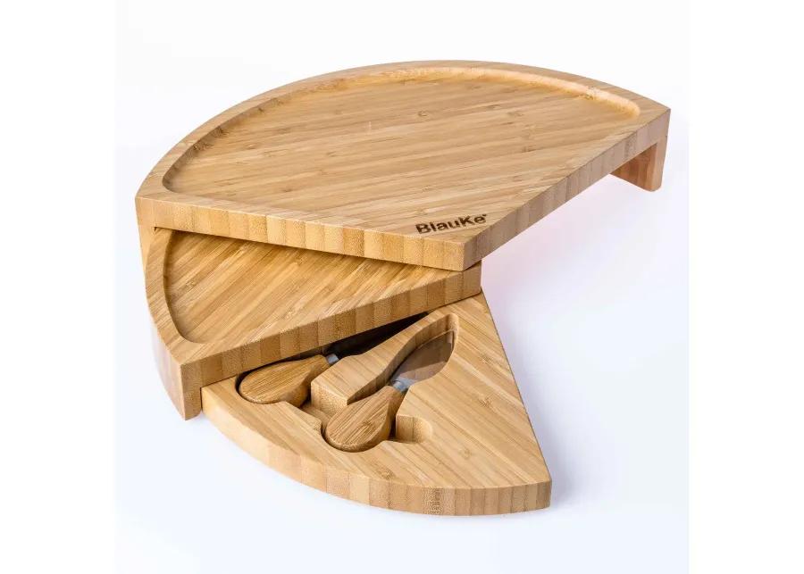 Bamboo Cheese Board and Knife Set - 14 Inch Swiveling Charcuterie Board with Slide-Out Drawer - Cheese Serving Platter, Round Serving Tray