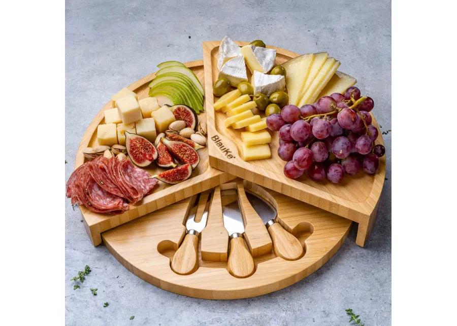 Bamboo Cheese Board and Knife Set - 14 Inch Swiveling Charcuterie Board with Slide-Out Drawer - Cheese Serving Platter, Round Serving Tray