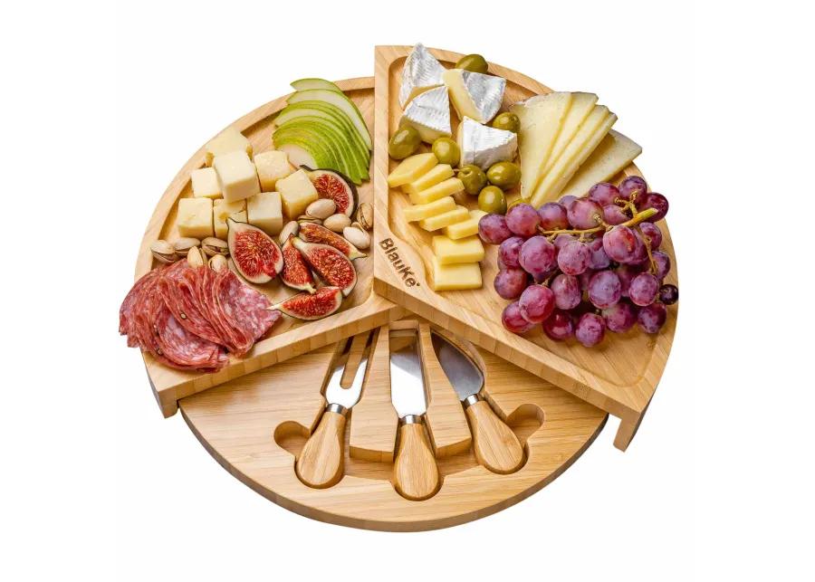 Bamboo Cheese Board and Knife Set - 14 Inch Swiveling Charcuterie Board with Slide-Out Drawer - Cheese Serving Platter, Round Serving Tray