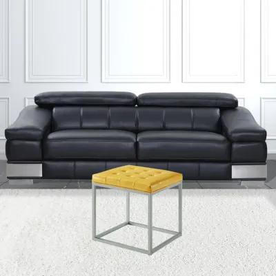 Homezia 18" Golden Yellow Faux Leather And Silver Cube Ottoman