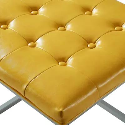 Homezia 18" Golden Yellow Faux Leather And Silver Cube Ottoman