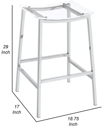 Ani 29 Inch Barstool Set of 2, Acrylic Clear Seat, Footrest, Chrome Metal - Benzara