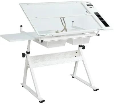 White Adjustable Tempered Glass Drafting Printing Table With Chair