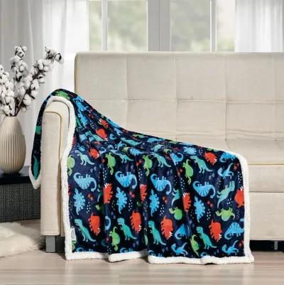 Navy Dino Faux Shearling Micro Plush All Season Throw 50" x 60" Multicolor by Plazatex