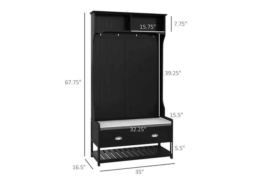 Black Hall Tree Organizer: Coat Rack, Bench, 4 Hooks, 2 Drawers