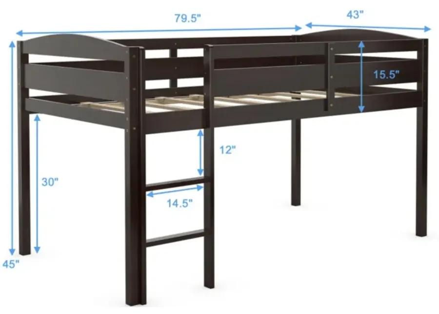 Wooden Twin Low Loft Bunk Bed with Guard Rail and Ladder