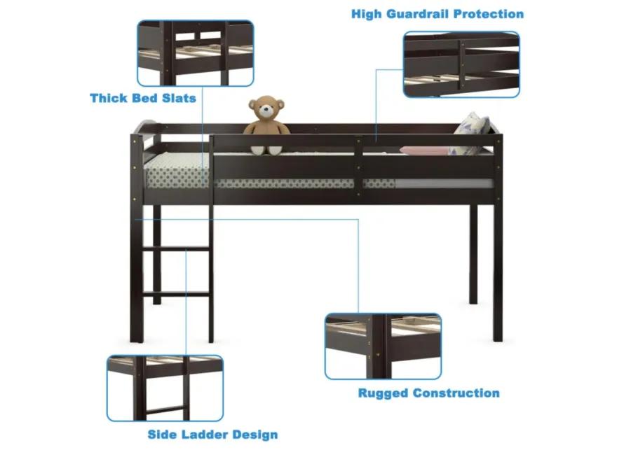 Wooden Twin Low Loft Bunk Bed with Guard Rail and Ladder