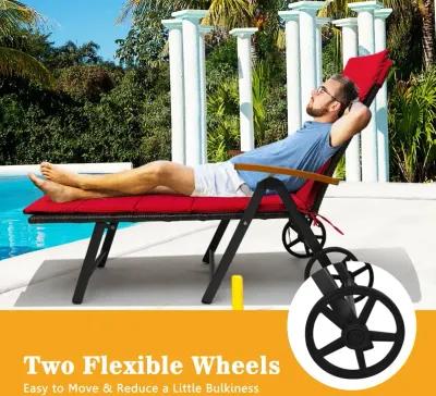 Folding Patio Rattan Lounge Chair with Wheels-Red